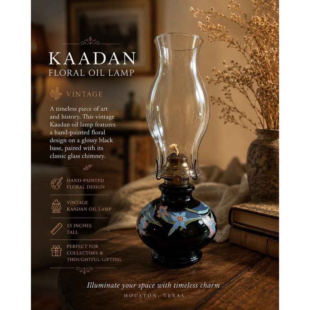 Kaadan Vintage Floral Oil Lamp Hand Painted Black Glass Blue Lilies